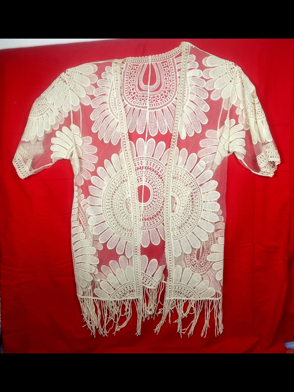 Crochet Lace Fringe Kimono Tunic in Beige - Women Tops